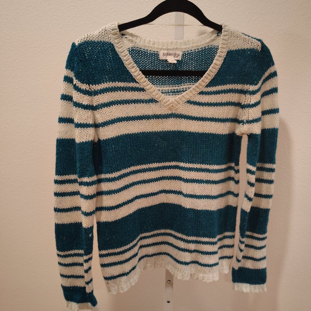St. John's Bay Women's V-Neck Sweater Teal White Stripes Mesh Style Size Medium